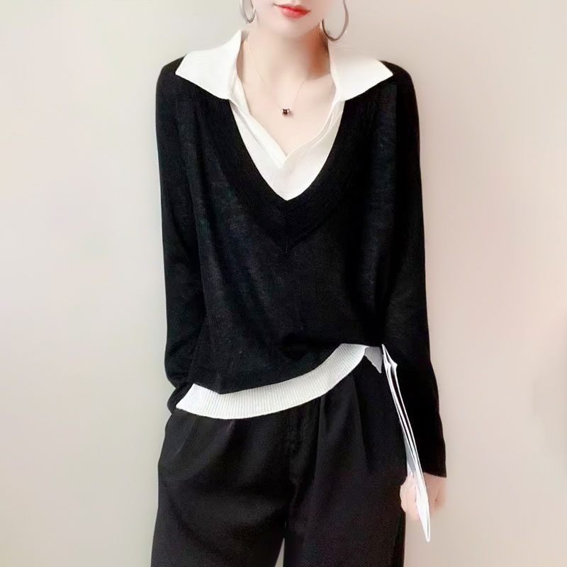 日系春款针织衫女薄款2024年新款爆款小香风v领条纹假两件上衣潮