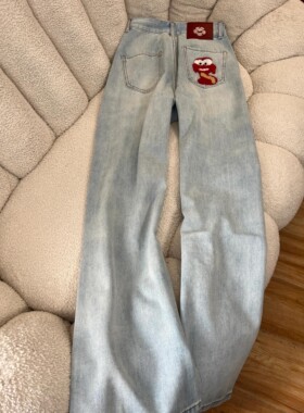 浅蓝色刺绣宽松直筒牛仔裤女秋季新款高腰显瘦垂感百搭窄版阔腿裤