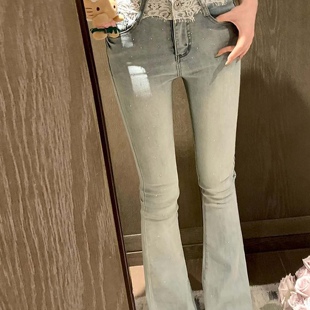 女夏季 低腰微喇裤 新款 烫钻修身 高个子加长版 弹力阔腿喇叭裤 牛仔裤