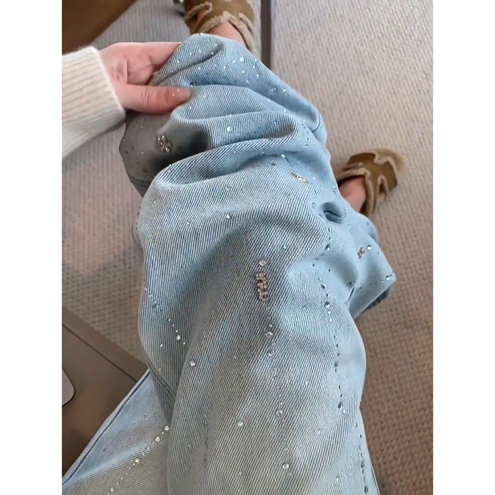 复古浅蓝色烫钻阔腿牛仔裤女2025春秋新款高腰遮胯显瘦直筒长裤子