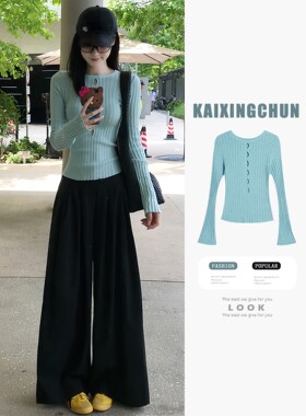 薄荷绿色修身收腰长袖T恤女2026新款早秋季巨好看轻熟多巴胺上衣