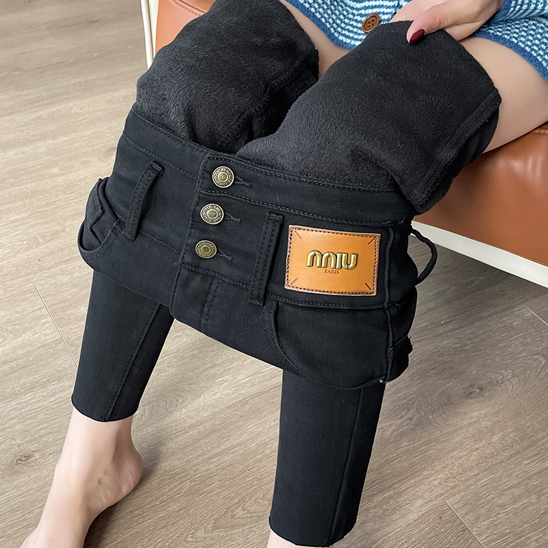 黑色加绒小脚牛仔裤女2025冬辣妹紧身包臀丰胯提臀打底加厚铅笔裤