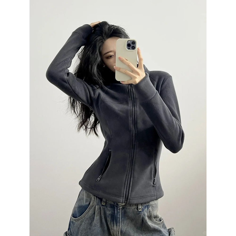 双面摇粒绒修身外套女秋冬季2025加绒内搭冲锋衣抓绒内胆卫衣上衣