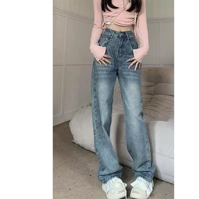 直筒牛仔裤女小个子高腰秋冬新款美式蓝色复古宽窄阔腿裤子显瘦