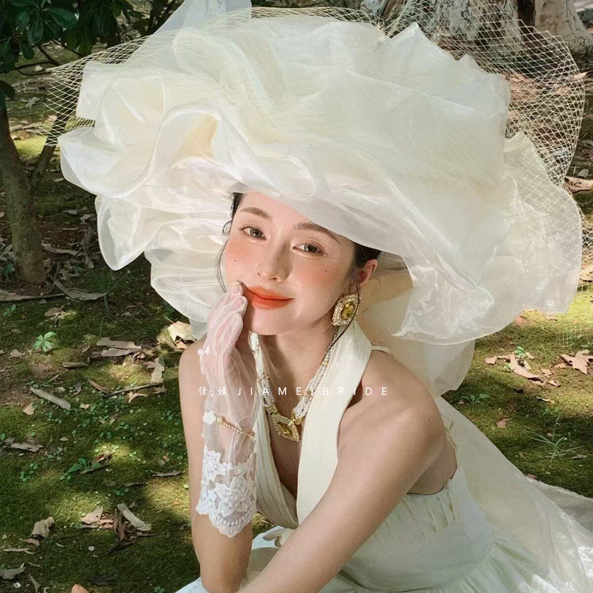佳媄香槟色手工小众礼帽子新娘婚礼头纱影楼样片拍摄复古造型旅拍