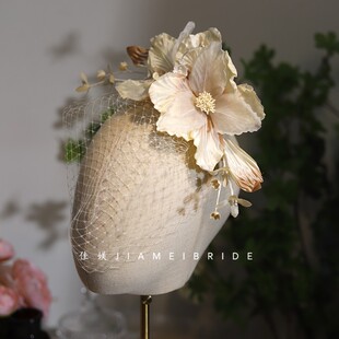 佳媄法式复古油画风手工渐变烫花网格面纱发夹新娘头饰样片配饰品