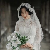 佳媄复古园林蔷薇花蕾丝民国风头纱法式 气质新娘影楼结婚头饰发饰