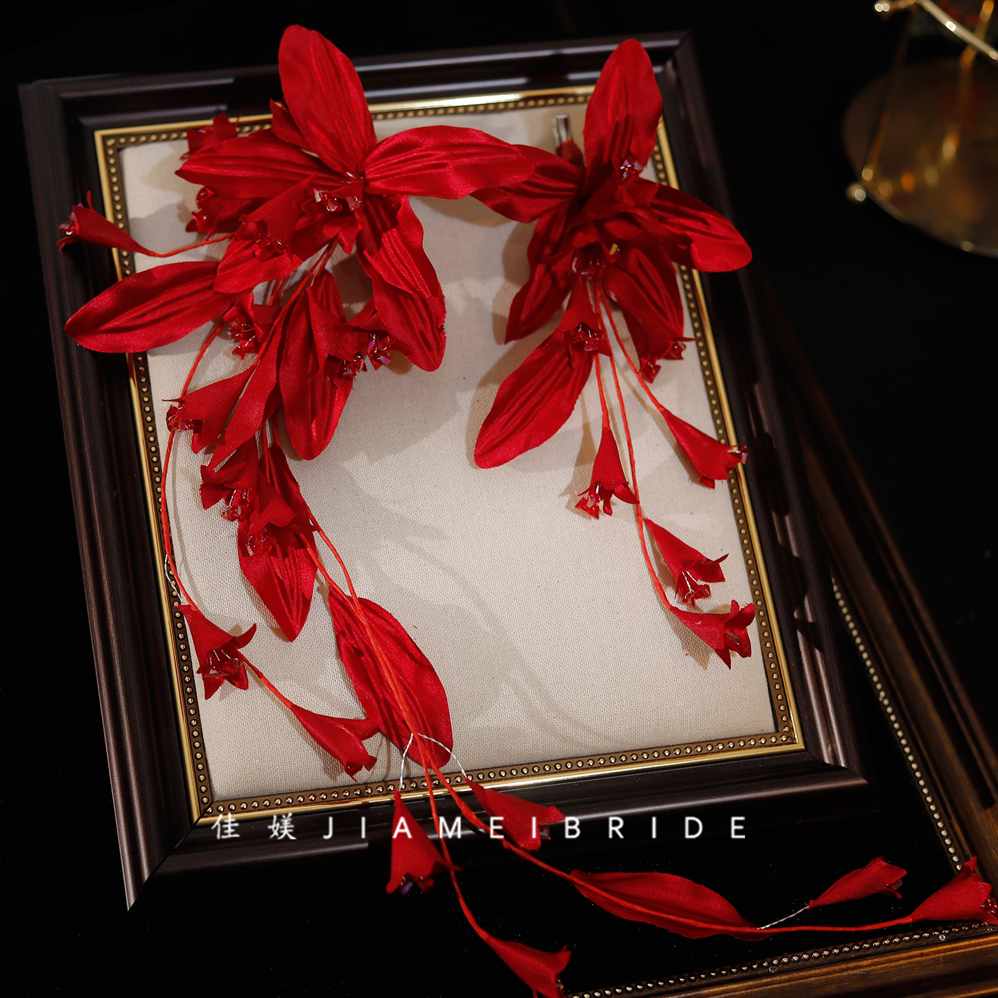 佳媄新款法式复古高质感酒红色缎面百合花朵发夹新娘敬酒服发饰