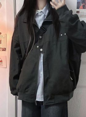 美式复古黑色冲锋衣外套女春秋季新款飞行夹克宽松百搭翻领棒球服