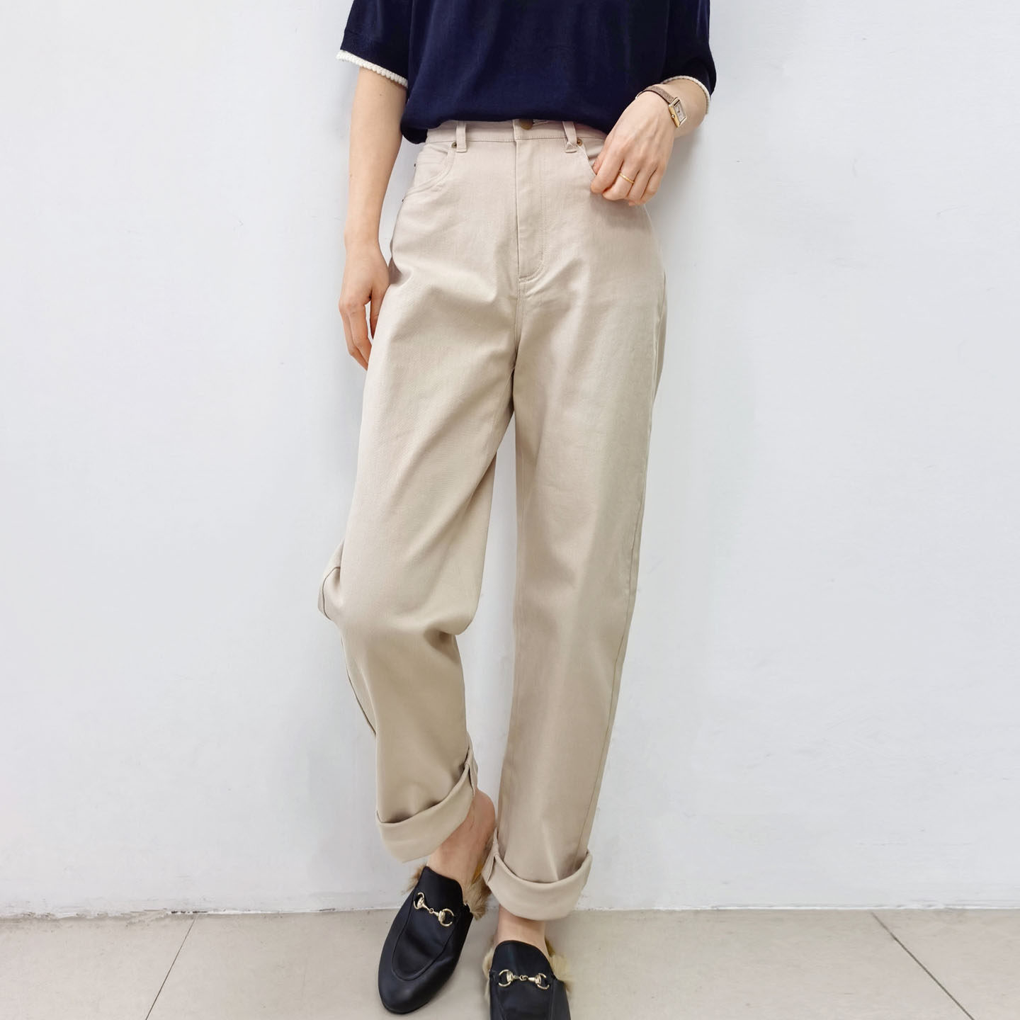 高腰显瘦直筒宽松棉弹女牛仔裤