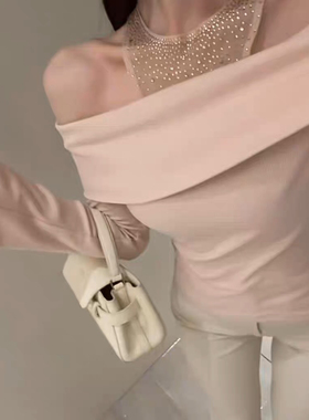 kubiliv【撩心嗲妹】水钻网纱挂脖一字肩纯欲内搭打底针织衫上衣