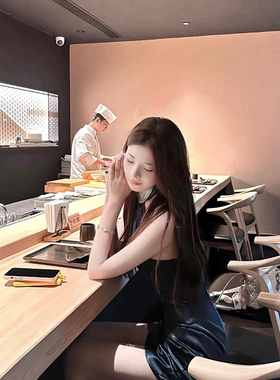 JYINLOVE原创暗夜蓝钻领挂脖显瘦褶皱连衣裙