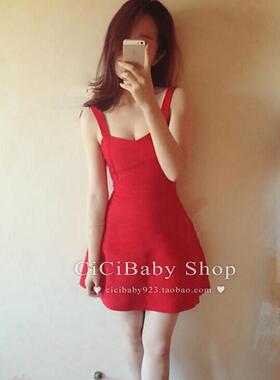 蜜月度假！女神收腰显瘦china红吊带修身性感爆乳短裙连衣裙
