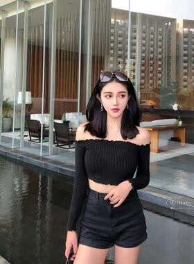 VIOLA18春夏新款高街欧美风短款一字肩露肩长袖针织衫女 自留三色