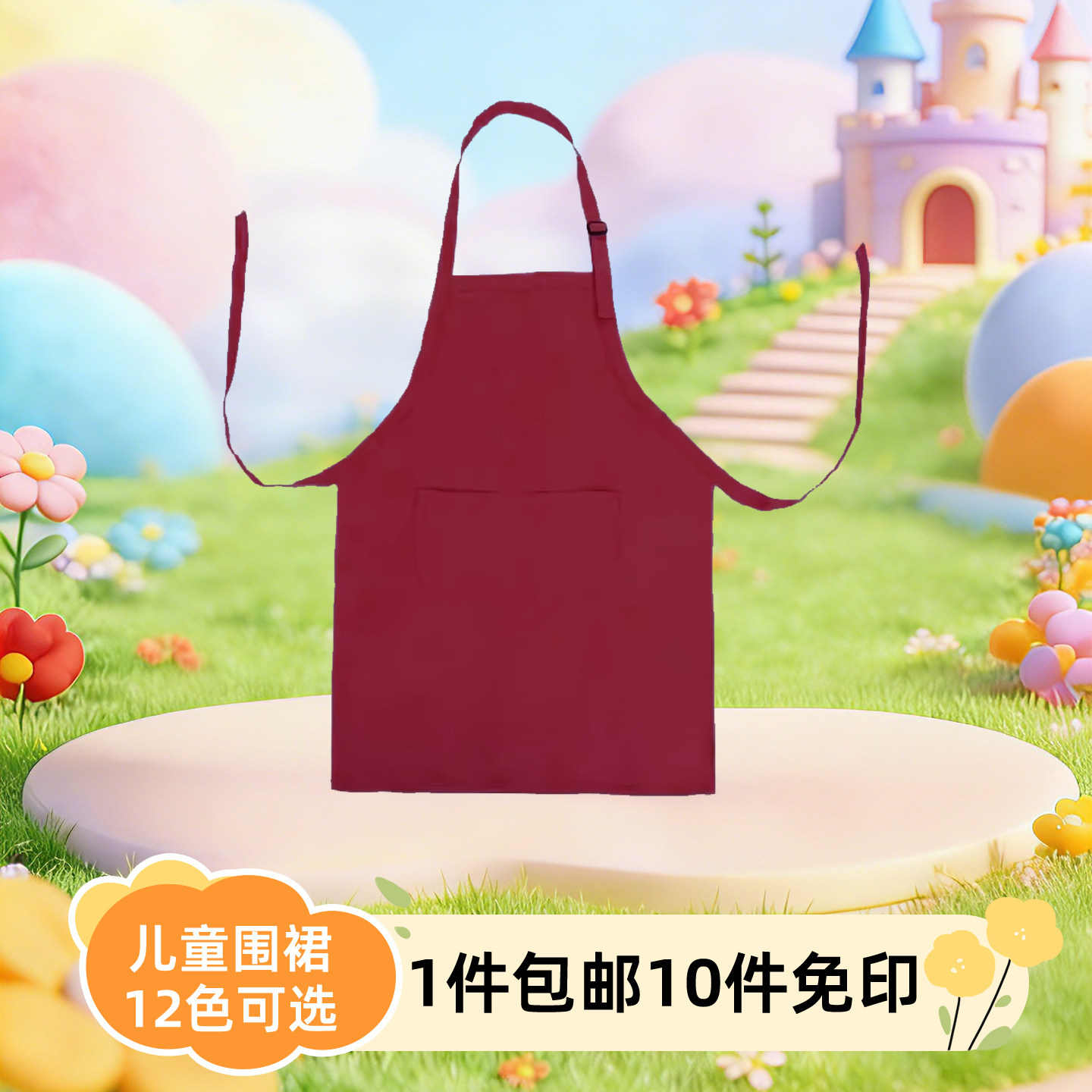 酒红色 儿童围裙定制logo印字纯色韩版小孩画画衣幼儿园绘画罩衣
