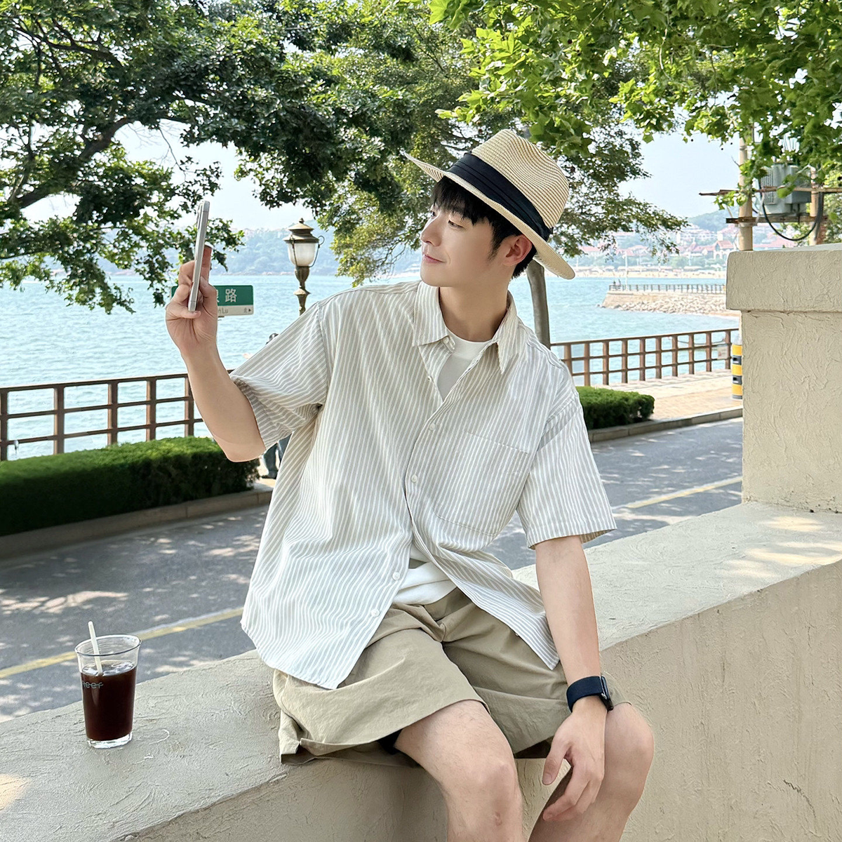 日系复古竖条纹工装短袖衬衫男生夏季薄款小清新宽松休闲衬衣外套