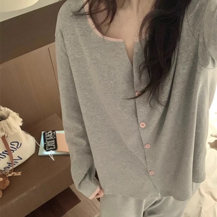 春秋新款日系ins甜美纯色学生长袖睡衣女韩版简约宽松家居服套装