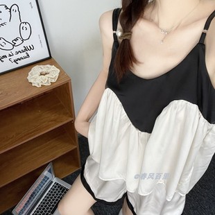 夏季 新款 甜美学生简约冰丝吊带睡衣女韩版 网红撞色宽松家居服套装
