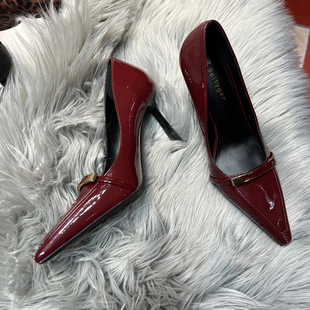 杨树林新款金属长扣酒红色高跟鞋细跟小方头御姐性感高级浅口单鞋
