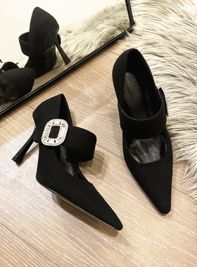 呢子高跟鞋女细跟小方头jc秋冬新款气质高级不累脚一字带水钻单鞋