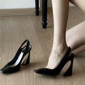 设计感气质单鞋 新款 一字带包头凉鞋 女粗跟方头复古玛丽珍鞋 高跟鞋