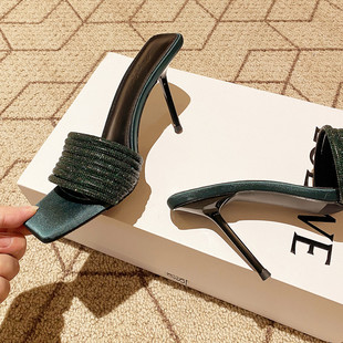 杨树林新款绿色水钻一字带露趾凉鞋女细跟方头高跟鞋女时尚凉拖鞋