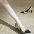 单鞋 细跟小方头金属链条山茶花法式 拼接小香风高跟鞋 2025秋冬新款