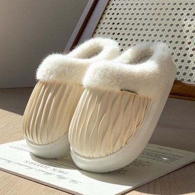 秋冬季防水PU皮加绒简约棉拖鞋女