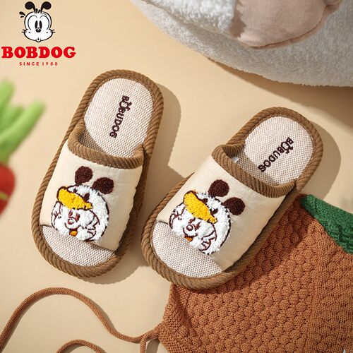 巴布豆儿童亚麻透气防滑棉拖鞋
