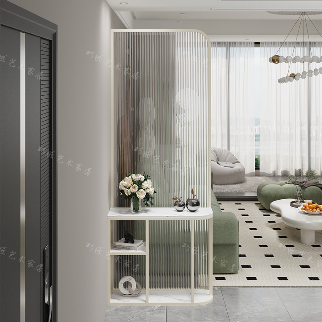 奶油风入户正对门艺术玻璃隔断进门客厅沙发可移动玄关屏风置物架