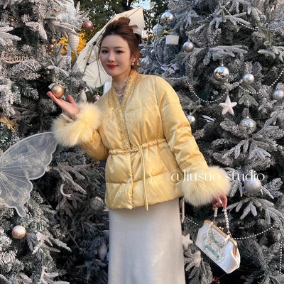 重工V领亮片气质收腰羽绒服女