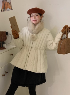 韩系花边立领狐狸毛围脖设计感收腰羽绒服女时尚甜美白鸭绒娃娃衫