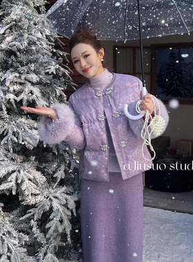 新中式圆领轻奢钻扣国风狐狸毛羽绒服女冬90白鸭绒外套九索25853