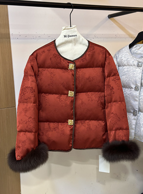 年货可拆卸袖口狐狸毛钻扣新中式羽绒服女韩版宽松圆领白鸭绒外套