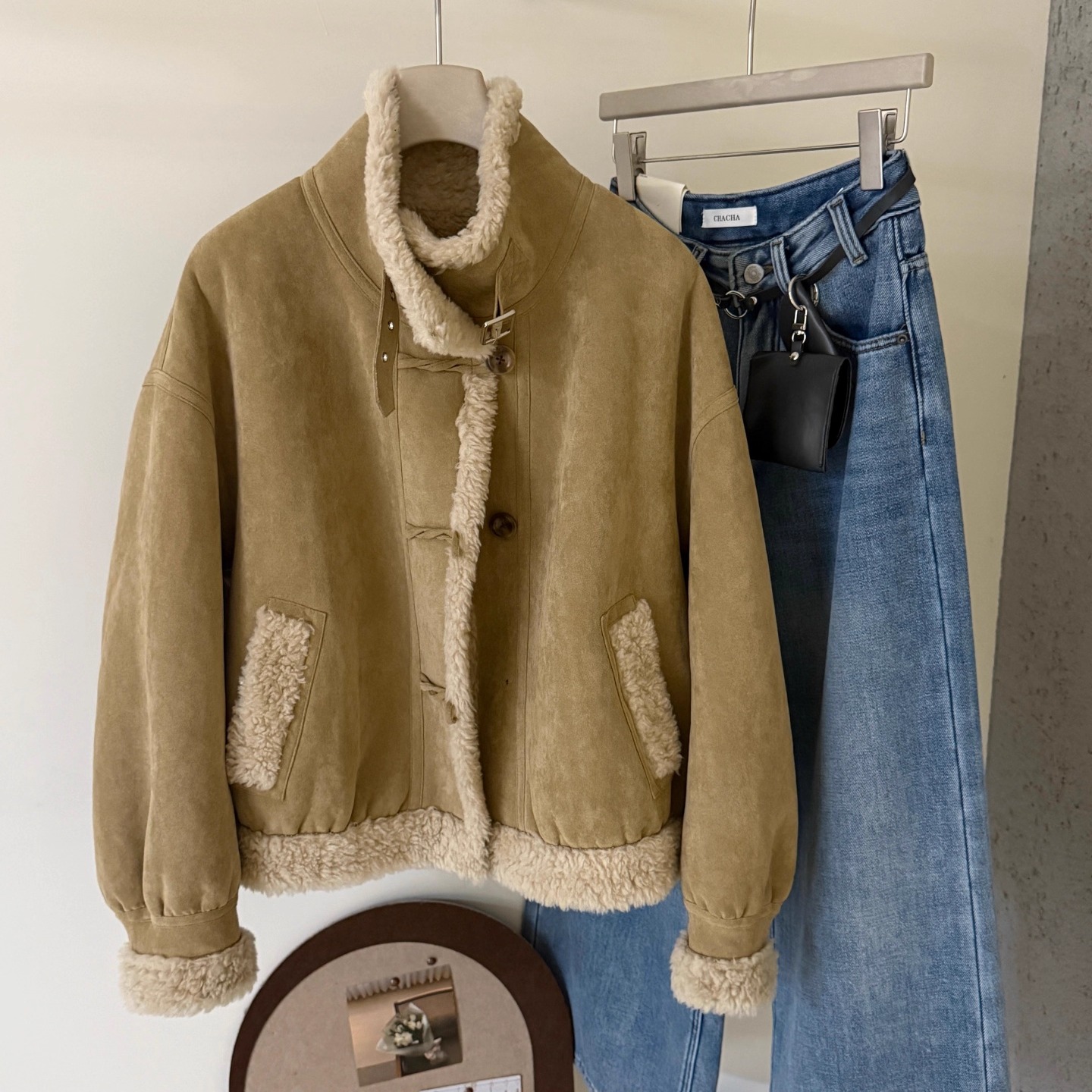 韩版立领麂皮绒皮毛一体外套女2025冬季加厚小个子复古羊羔毛棉服