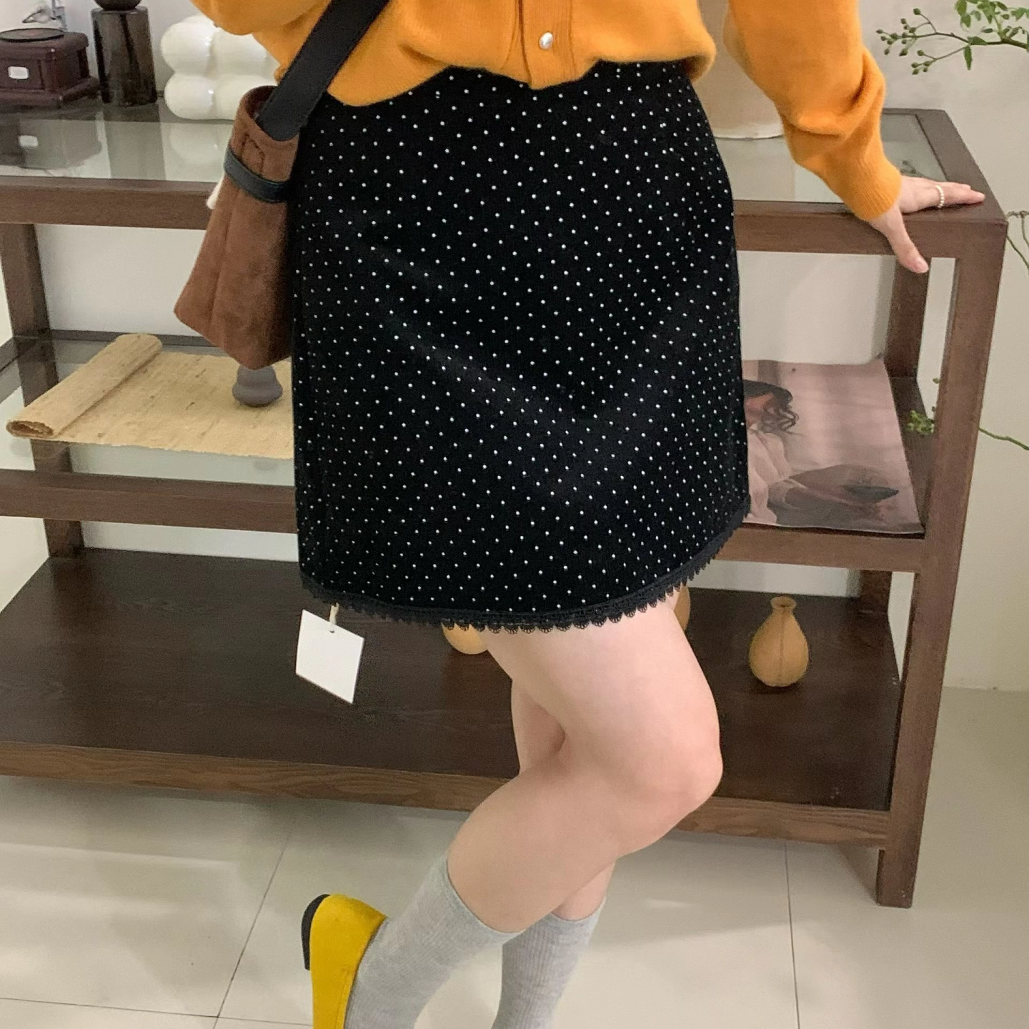 高腰复古蕾丝波点半身裙女