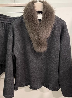 韩系ins风环保毛围脖时尚圆领木耳边上衣+松紧腰短裤减龄两件套女