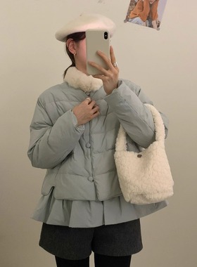 羽绒服女2025冬季新款韩系设计感荷叶边毛毛立领白鸭绒减龄外套