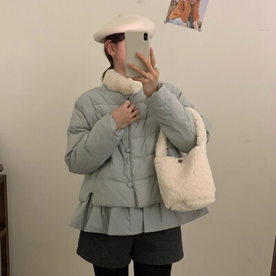 韩系设计感荷叶边毛毛立领羽绒服