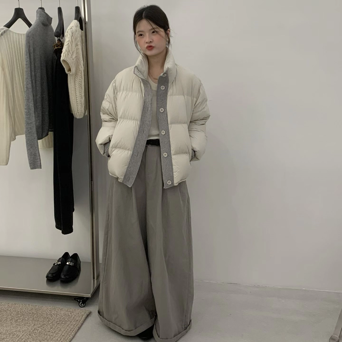 冬季韩系针织拼接立领羽绒服女