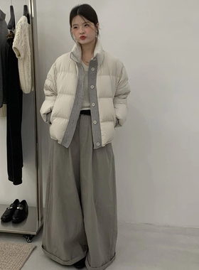 2025年冬季韩系针织拼接立领羽绒服女宽松洋气90白鸭绒保暖面包服