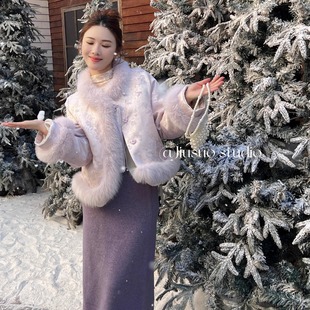 新中式名媛风狐狸毛羽绒服女2025冬缎面提花90白鸭绒保暖皮草大衣