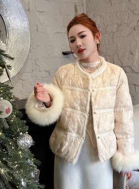 新中式粉色温柔风水貂毛拼接羽绒服女冬季袖口狐狸毛时尚减龄外套