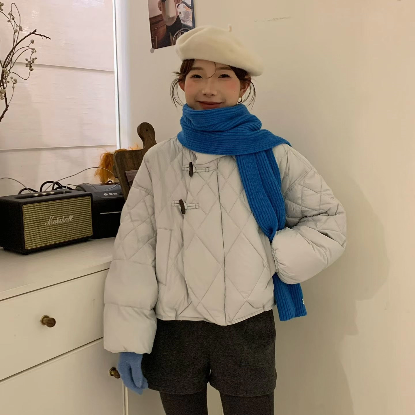 轻国风复古盘扣短款菱格羽绒服女