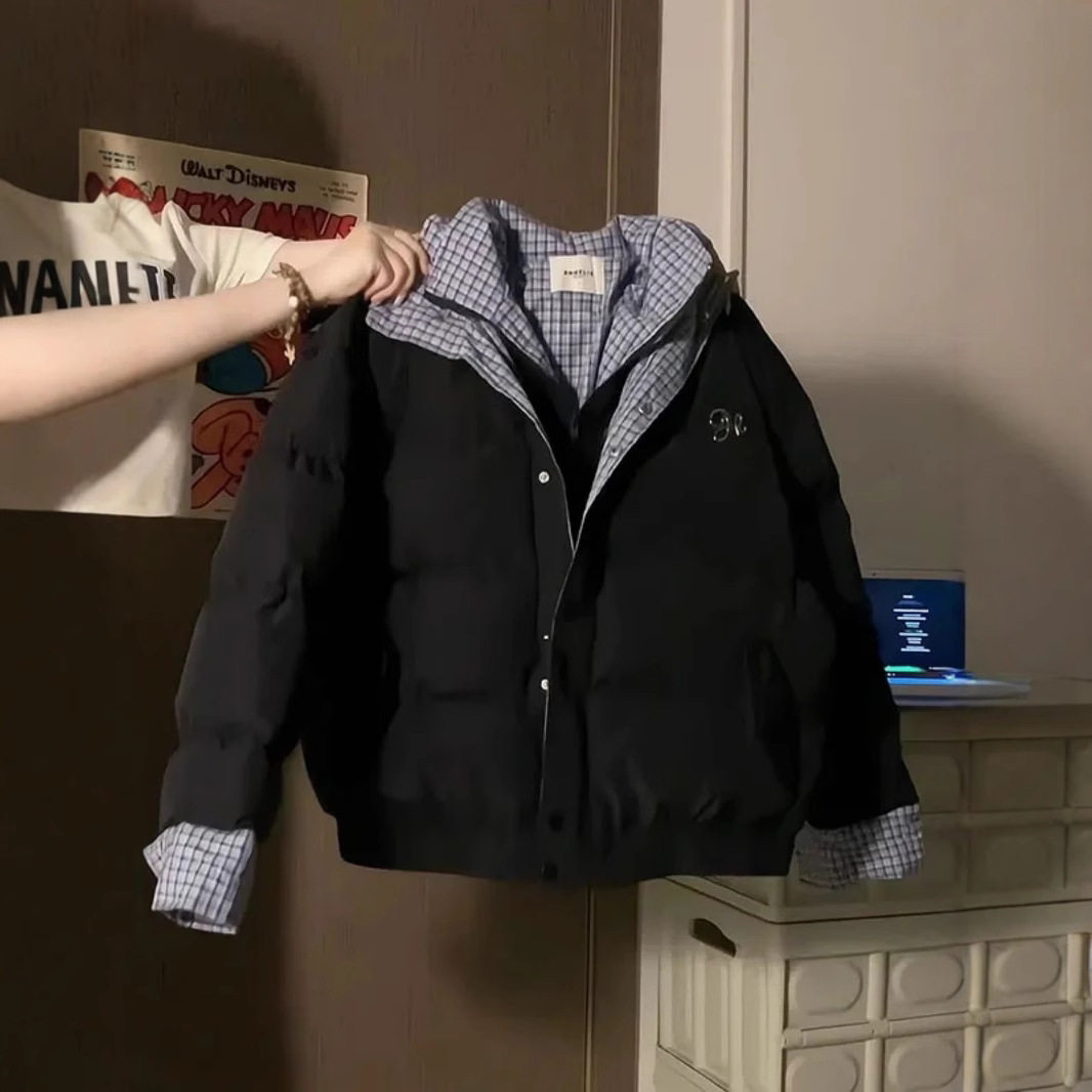 韩版学院风蓝色格纹拼接外套棉服冬季甜美藏青色宽松保暖防寒