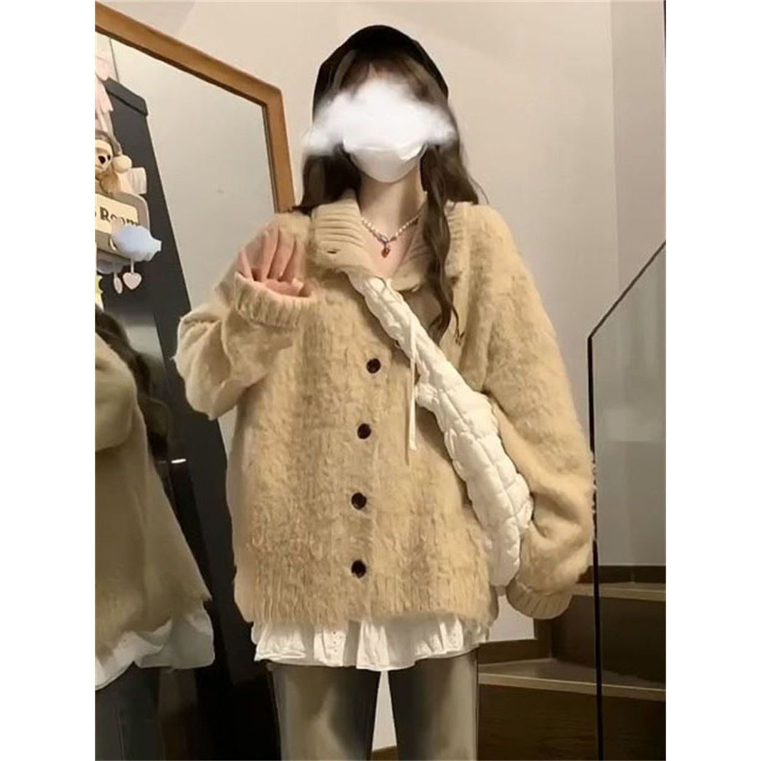 韩版学院风小个子软糯翻领开衫毛衣女学生秋冬宽松保暖针织衫