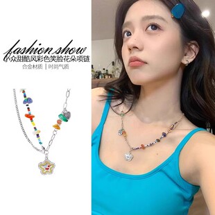 奥特莱斯品牌折扣店撤柜清仓捡漏彩色串珠笑脸项链锁骨链女配饰潮