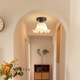 美式复古入户玄关走廊过道灯阳台灯中古民宿法式玻璃花朵小吸顶灯