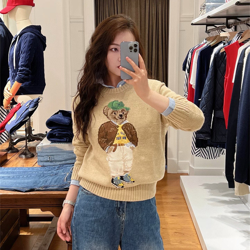 慵懒风女款小熊刺绣纯棉针织衫~秋冬季女士卡通长袖宽松毛衣外套