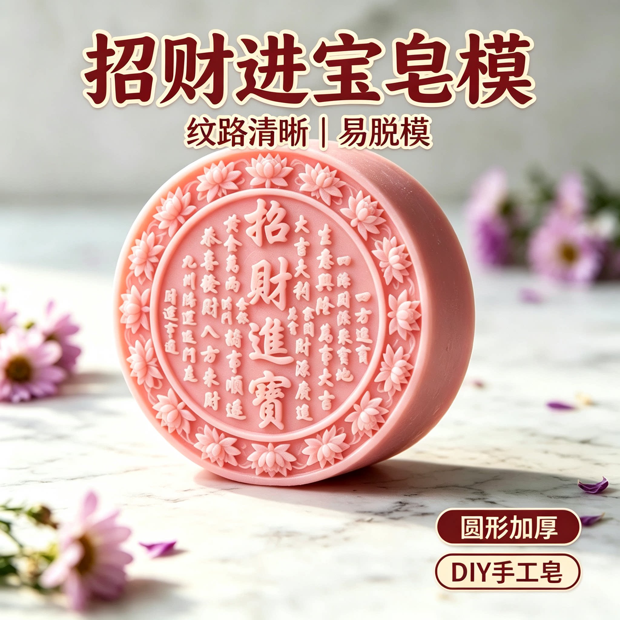 招财进宝莲花浮雕手工皂硅胶模具 圆形冷制皂DIY香薰蜡烛肥皂模具
